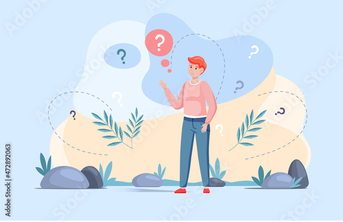 Making confusion, choice decision. Man thought about solution to problem, choose options person concept. Doubt and struggle about strategy, path direction with question marks. Search for right answer