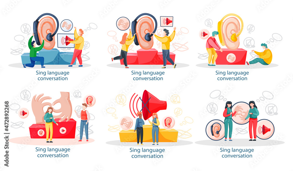 Vecteur Stock Learning languages online scenes set. Sign language