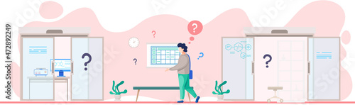 Making confusion. Doubts person surrounded by question marks. Questions dilemma situations. Asking questions. Confused people. Making choice. Being confused. Thinking or make decision. Solving problem