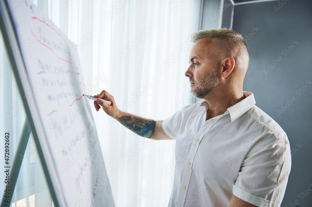 Close-up side portrait of a middle aged Caucasian man in white casual shirt and tattooed arms writing business plan on flip chart Close-up side portrait of a middle aged Caucasian man in white casual shirt and tattooed arms writing business plan on flip chart