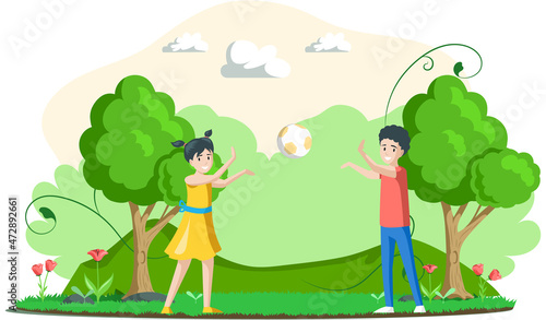 Happy boy and girl smiling friends playing toy ball in city park. Best summer outdoor activities for children. Active family weekend children's games. Kids volleyball outdoor, team ball game