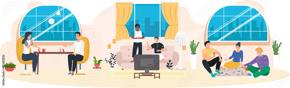 Friends having rest at home. Fun game. People spend time in different ways board games on table. Characters have spending great time together. Fantastic turn-based board game on table. Playing games Friends having rest at home. Fun game. People spend time in different ways board games on table. Characters have spending great time together. Fantastic turn-based board game on table. Playing games