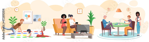 People playing board game scenes set. Friends and family having fun, spending time together at home. Parents with children enjoy table game and video game. Indoor entertainment for adults and children