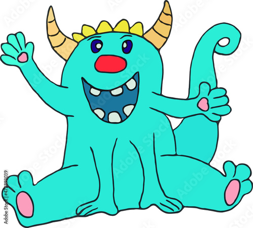 Monster with horn. Cute cartoon scary funny character. Flat vector illustration.