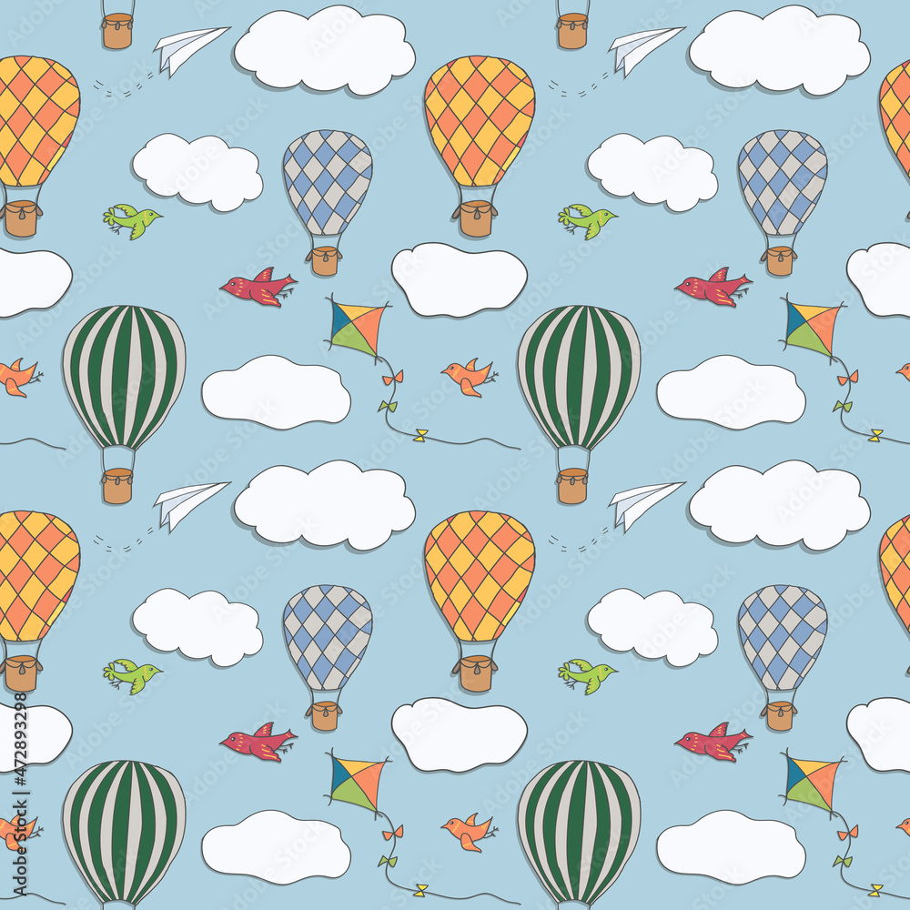 Naklejka premium Seamless pattern, hand drawn hot air baloons flying in the blue sky, pattern for backgrounds, wrapping paper, fabrics, covers and other designs