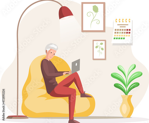 Man, working person sitting in room and correspondence surfing Internet. Male character communicating through network on laptop. Freelance, work from home and home office concept. Working people