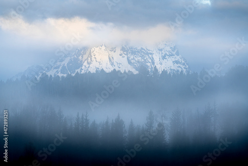 USA, Wyoming, Buffalo Valley. Foggy spring sunrise on forest and mountain.