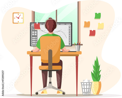 Graphic designer creating his artwork using computer software and lising music. Digital artist, illustrator, graphic design professional at workplace. Print studio workers. Freelance, work from home