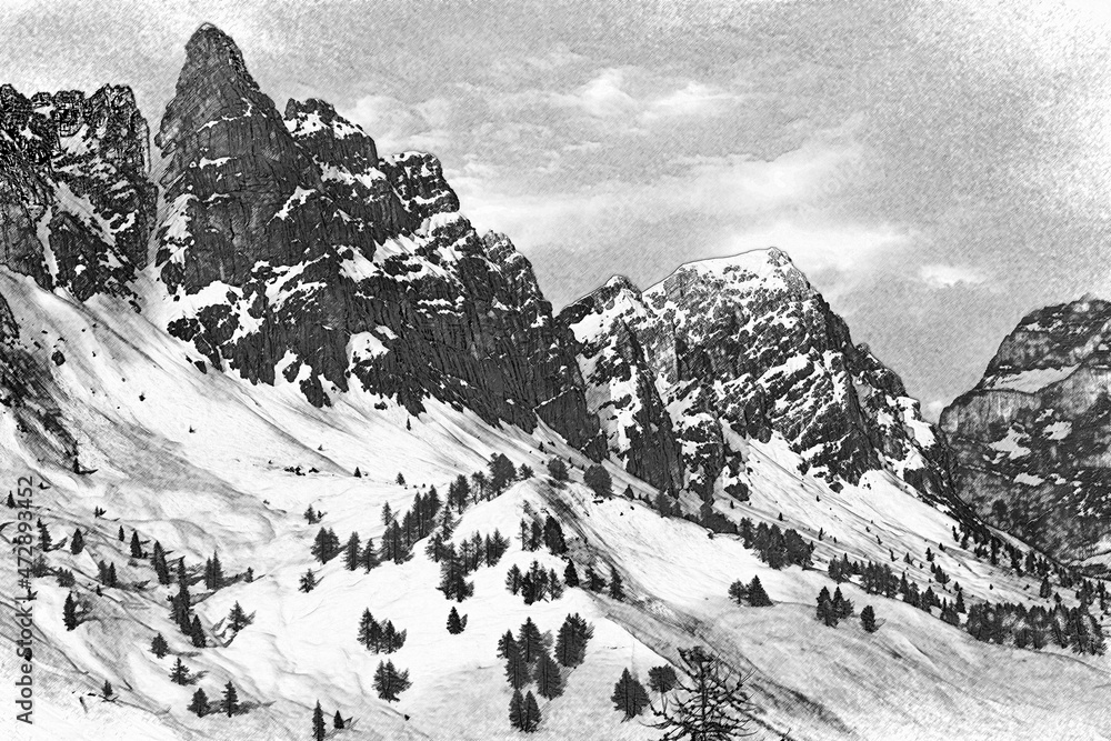 Illustration with charcoal technique of south face of dolomite Rocchette ridge in winter conditions. San Vito di Cadore, Dolomites, Italy