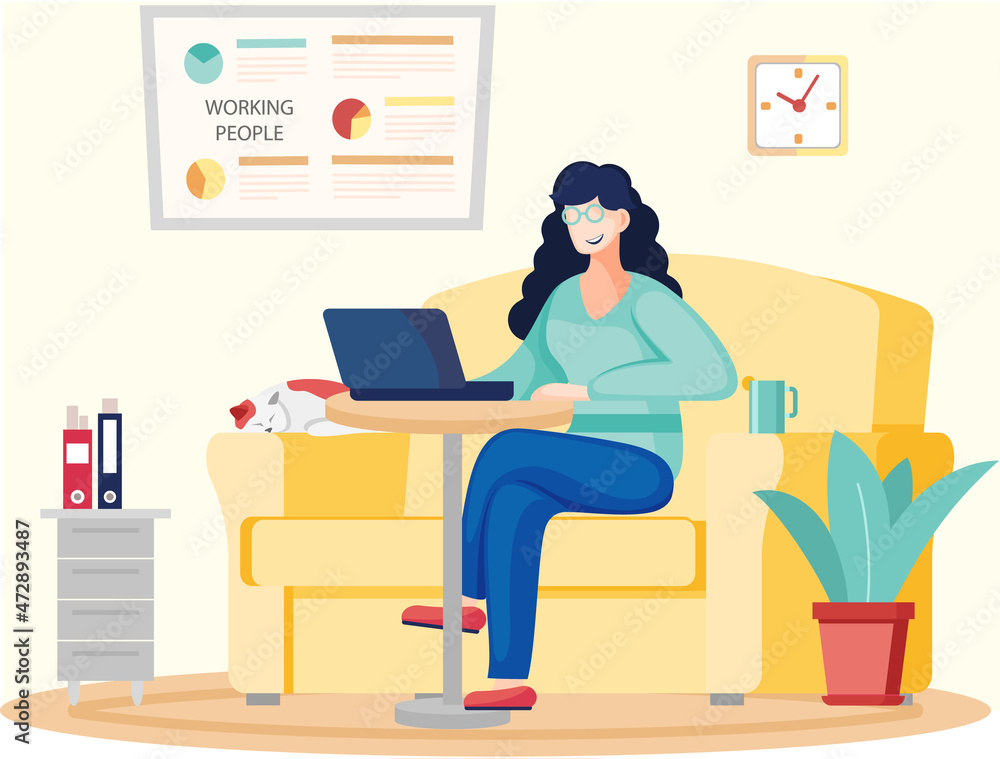 Young business woman is working on laptop computer. Secretary employee in office workspace, businesswoman person, student typing with keyboard communicates on Internet. Working people. Freelancer work Young business woman is working on laptop computer. Secretary employee in office workspace, businesswoman person, student typing with keyboard communicates on Internet. Working people. Freelancer work