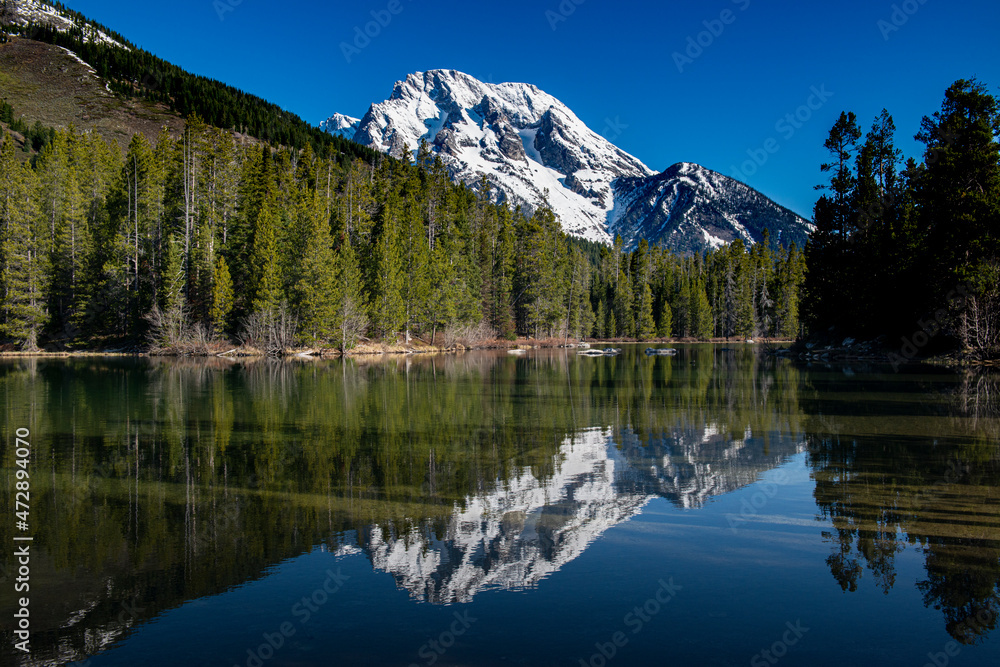 Mount Moran is reflected in String Lake, Grand Teton National Park, Wyoming