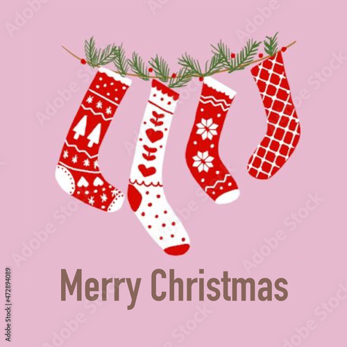 Christmas Socks background. Various Christmas socks hanging on a rope. Christmas card. Cartoon vector hand drawn.Christmas greeting card