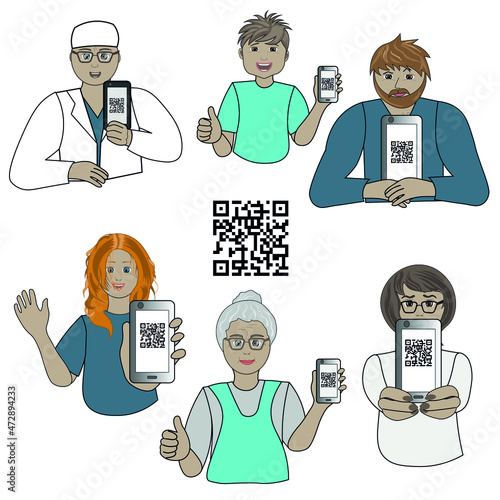 Men and women of different ages with their smartphones and tablets. They show QR-codes about covid vaccination. 