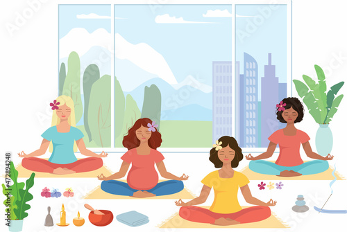 Girls meditate in the lotus position in a room with a large panoramic window overlooking the city. Elements of attributes of Buddhism, Oriental practices. Illustration of high professional quality