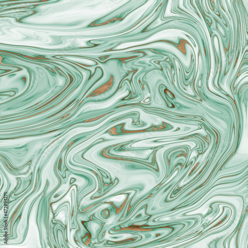 Abstract green marbled background with gold. Liquid contemporary pattern. Fluid art. Waves and swirls, trendy modern design. For wallpapers, wall floor tiles.