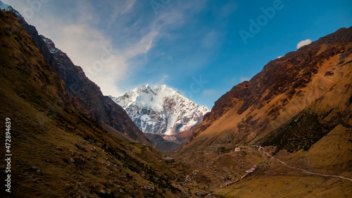 Epic view over the snowy Salkantay Mountain peak from Cusco region in Peru.