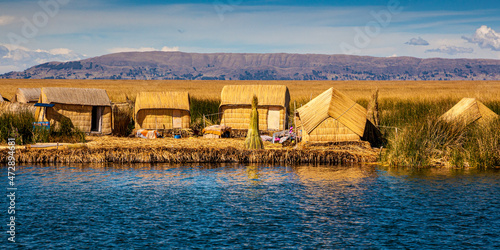 Peru Lake Titicaca, near Puno, Los Uros, the floating islands constructed of reeds. photo