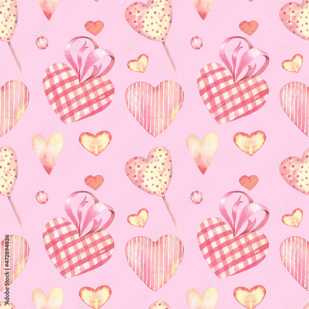 Cute watercolour hand drawn kids elements seamless pattern. Rainbow and hearts pink childish background. Cute watercolour hand drawn kids elements seamless pattern. Rainbow and hearts pink childish background.