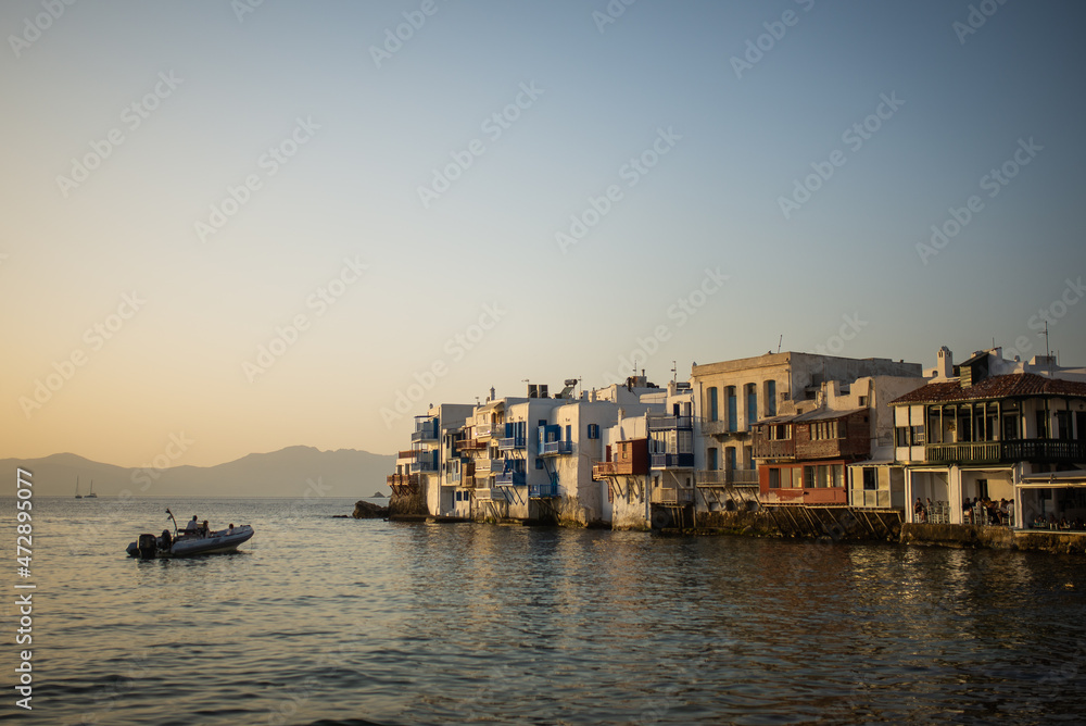 Mykonos town, Greece. Famous view of Little Venice. Sunset Little Venice August 2021