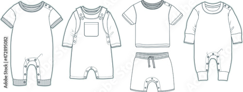 Set of Vector Baby clothes. Baby fashion flat sketch template. Technical Fashion Illustration