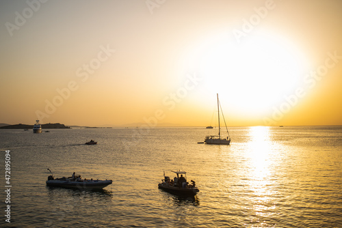 Beautiful sunset in a greek Island. Mykonos, Greece. Summer of 2021
