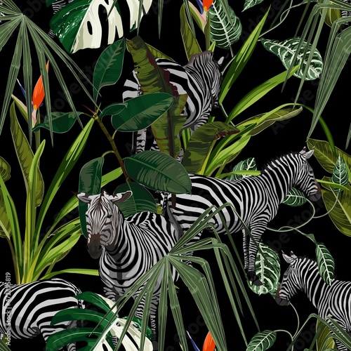 Tropical floral leaves, palm banana tree and exotic strelitzia flowers, zebra wildlife animal floral seamless pattern on black background. Exotic safari  wallpaper.