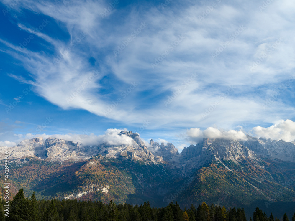 The summits of Brenta mountain range towering above Madonna di Campiglio. Brenta group in the Dolomites, part of UNESCO. Europe, Italy, Val Rendena The summits of Brenta mountain range towering above Madonna di Campiglio. Brenta group in the Dolomites, part of UNESCO. Europe, Italy, Val Rendena