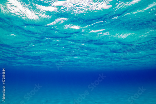 A nice open underwater scene showing infinite blue water sandwiched between a sandy bottom and the surface of the sea. The pure environment provides a perfect background