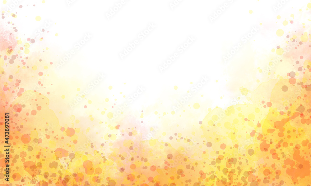 Abstract translucent watercolor background, splashes and splashes in orange, red, purple and yellow tones. Copy space, horizontal banner.