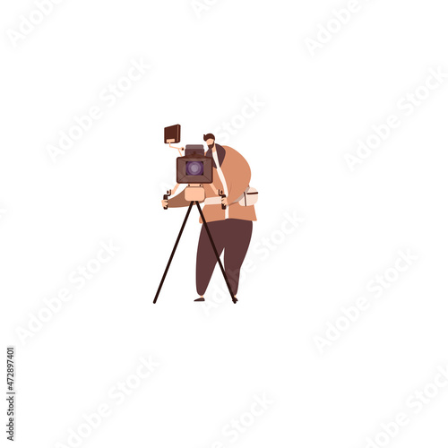 Cameraman with professional equipment of camera and screen. Movie operator shoot. Film-maker at work, video production backstage.