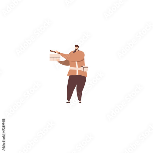 Person with open clapperboard in hands. Movie assistant shutting film stick of clapper board before scene shoot.