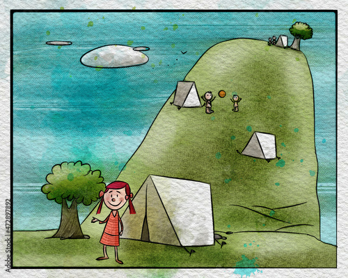 A girl living in nature in front of the tent