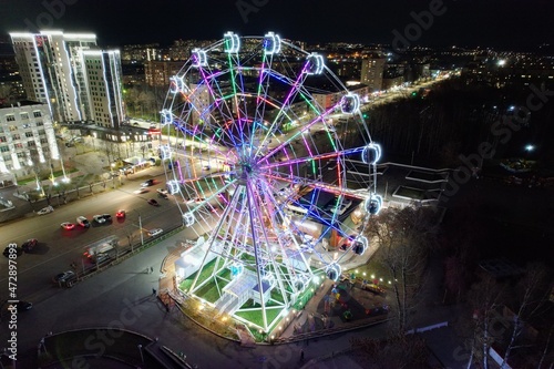 Aerial view of the Ferris wheel at night  Kirov  Russia 