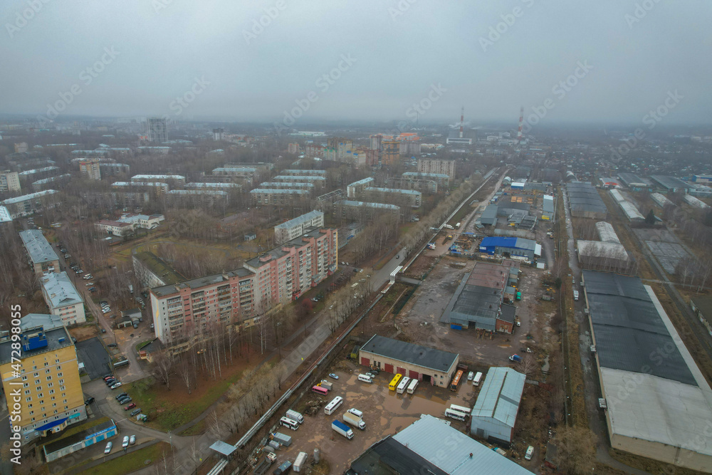 Fototapeta premium Aerial view of Sormovskaya street in autumn (Kirov, Russia)