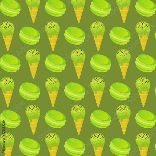 Cone ice cream and macarons tea matcha green decoration dessert food concept illustration vector