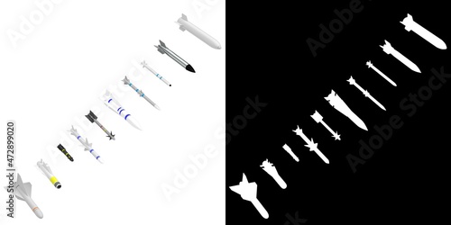 3D rendering illustration of a collection of missiles and bombs photo