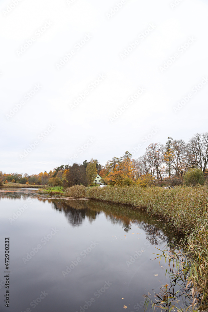 Natural countryside autumn view of small lake with lovely yellow and orange trees around.