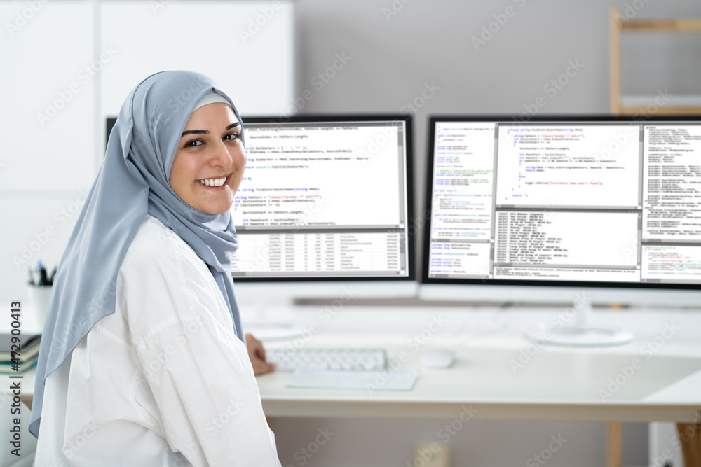 Programmer Woman Wearing Hijab Working Programmer Woman Wearing Hijab Working