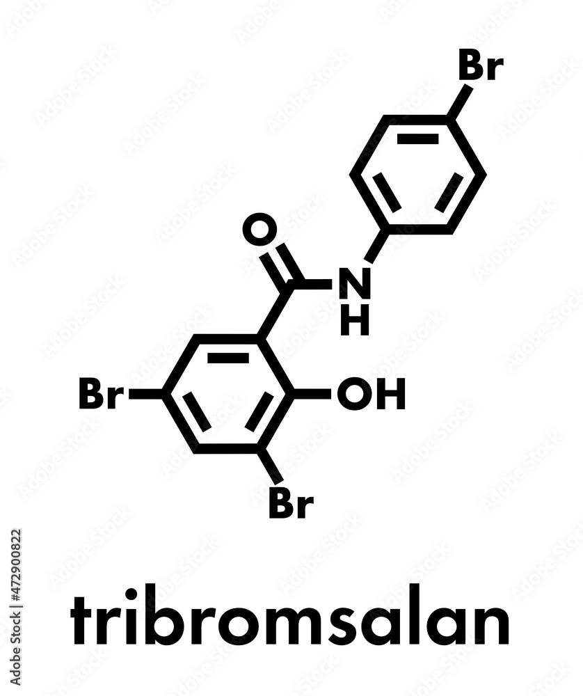 Tribromsalan disinfectant molecule. Skeletal formula. Tribromsalan disinfectant molecule. Skeletal formula.