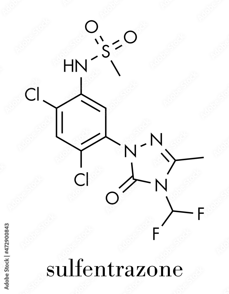 Sulfentrazone herbicide molecule. Skeletal formula. Sulfentrazone herbicide molecule. Skeletal formula.