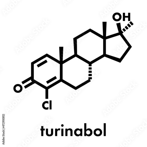 Chlorodehydromethyltestosterone (CDMT) androgenic and anabolic steroid molecule, used in sports doping. Skeletal formula.