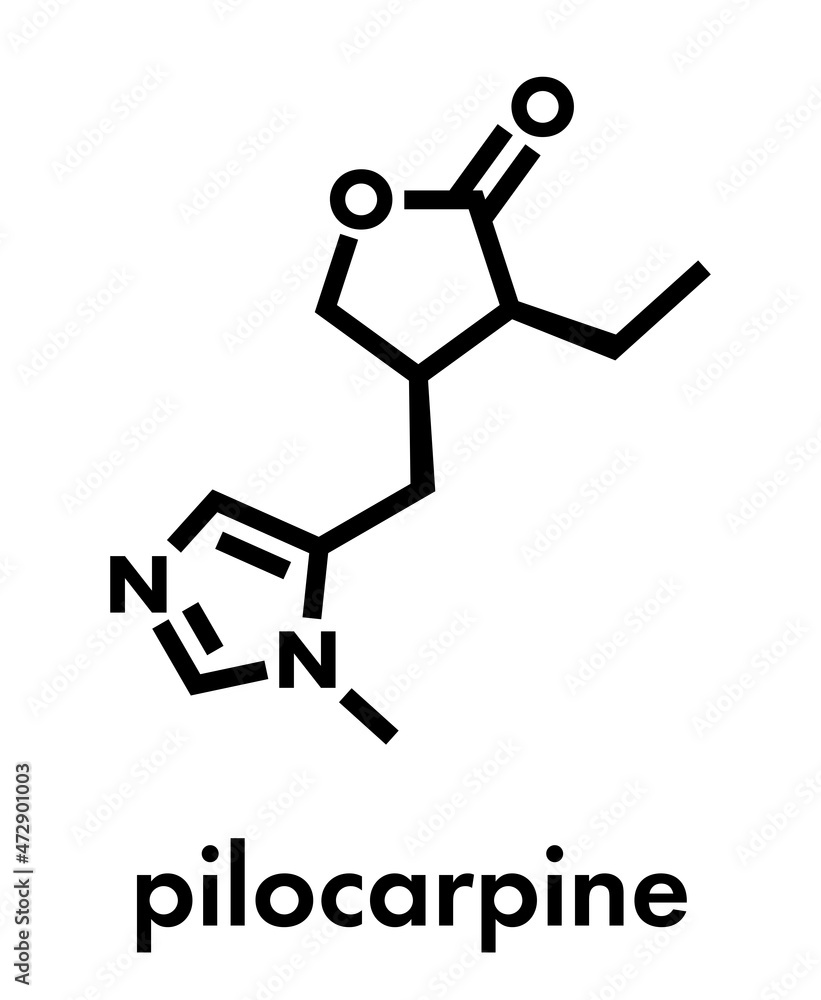 Pilocarpine drug molecule. Skeletal formula. Pilocarpine drug molecule. Skeletal formula.