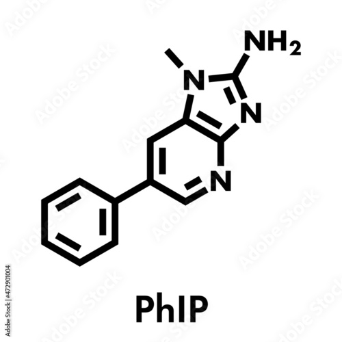 PhIP or 2-Amino-1-methyl-6-phenylimidazo(4,5-b)pyridine molecule. Heterocyclic amine present in cooked meat. Skeletal formula.