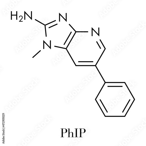PhIP or 2-Amino-1-methyl-6-phenylimidazo(4,5-b)pyridine molecule. Heterocyclic amine present in cooked meat. Skeletal formula.