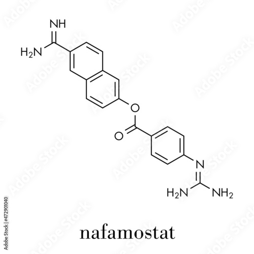 Nafamostat drug molecule (serine protease inhibitor). Skeletal formula.