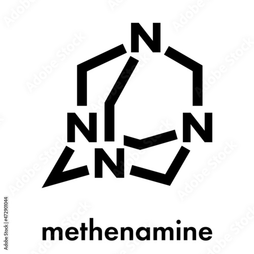 Hexamethylenetetramine (methenamine) molecule. Medically used to treat urinary tract infection. Used as food preservative (E239). Skeletal formula.