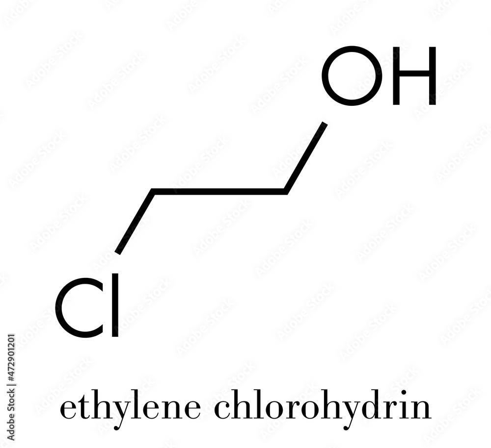 Ethylene chlorohydrin molecule. Side product formed during ethylene oxide sterilization. Skeletal formula. Ethylene chlorohydrin molecule. Side product formed during ethylene oxide sterilization. Skeletal formula.