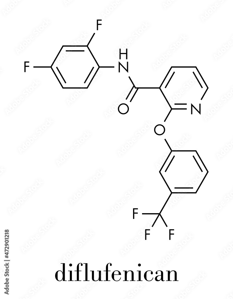 Diflufenican herbicide molecule. Skeletal formula. Diflufenican herbicide molecule. Skeletal formula.