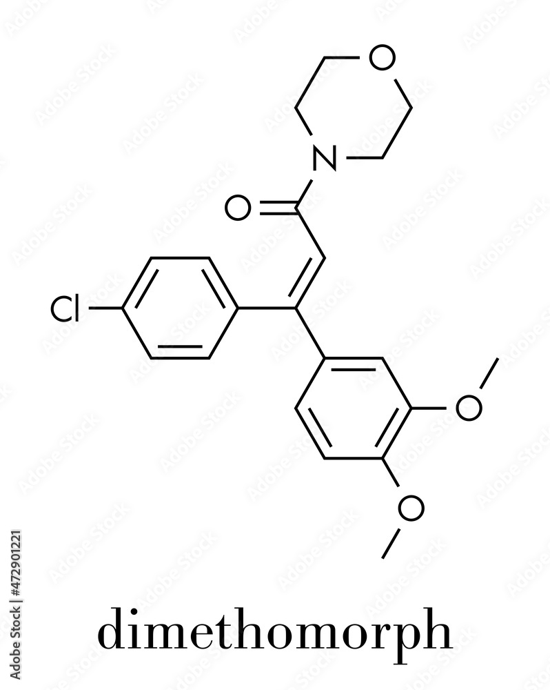 Dimethomorph fungicide molecule. Skeletal formula. Dimethomorph fungicide molecule. Skeletal formula.