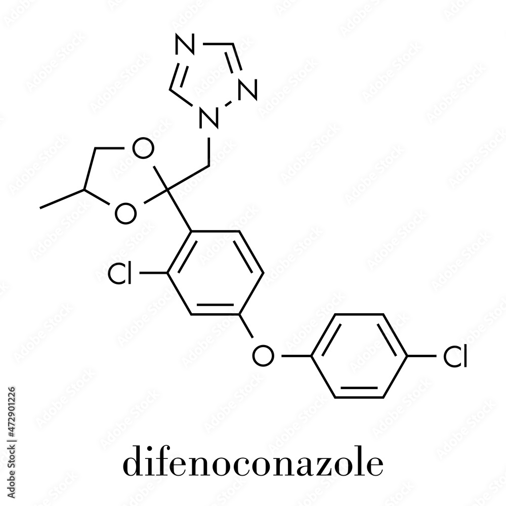 Difenoconazole fungicide molecule. Skeletal formula. Difenoconazole fungicide molecule. Skeletal formula.